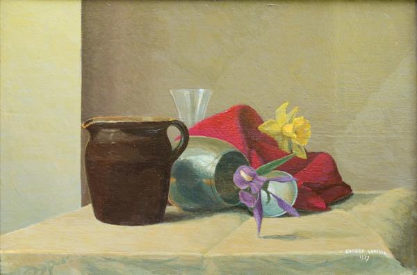 Brocca in terracotta, peltro, fiori