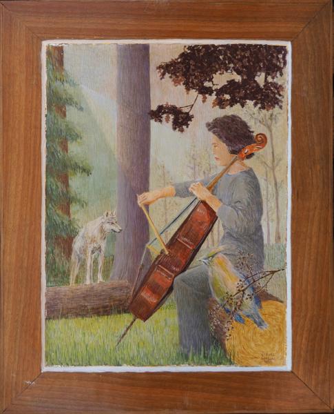 Donna con violoncello e lupo