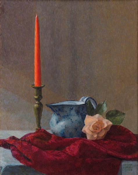 Candela rossa, brocca, rosa